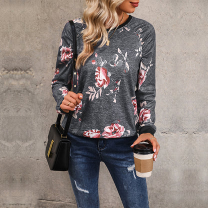 Floral Print Sweatshirt with Crewneck and Raglan Sleeves