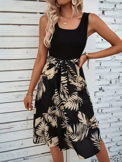 Contrast Tropical Print Midi Dress with Square Neck