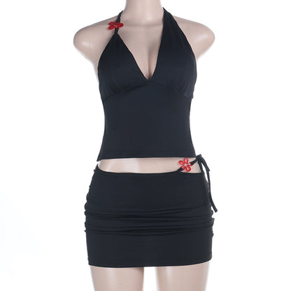 Ribbed Halter Top and Mini Skirt Set with Flower Accents