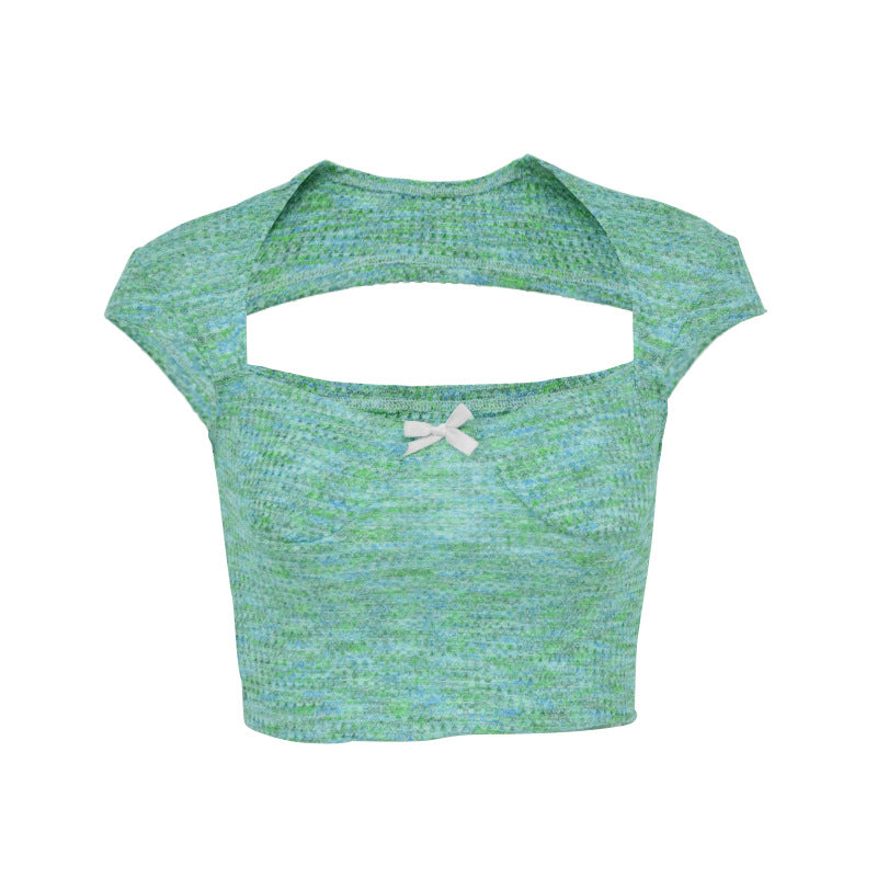 Slim-Fit Cropped Knit Top with Sweetheart Neck and Cap Sleeves
