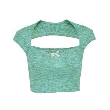 Slim-Fit Cropped Knit Top with Sweetheart Neck and Cap Sleeves