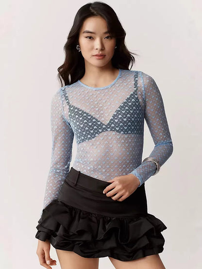 Heart Print Sheer Mesh Top with Crew Neck and Long Sleeves