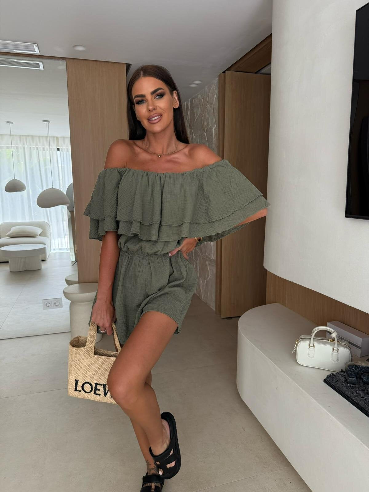 Solid Off-Shoulder Romper with Ruffled Top and Elastic Waist