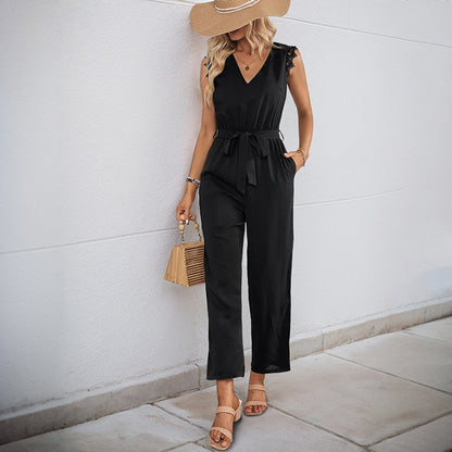 Straight-Leg Jumpsuit with V-Neck and Lace Trim