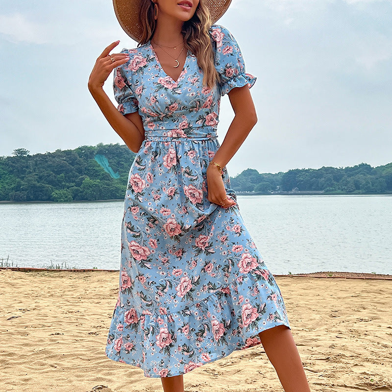 Floral A-Line Midi Dress with V-Neck and Ruffle Sleeves