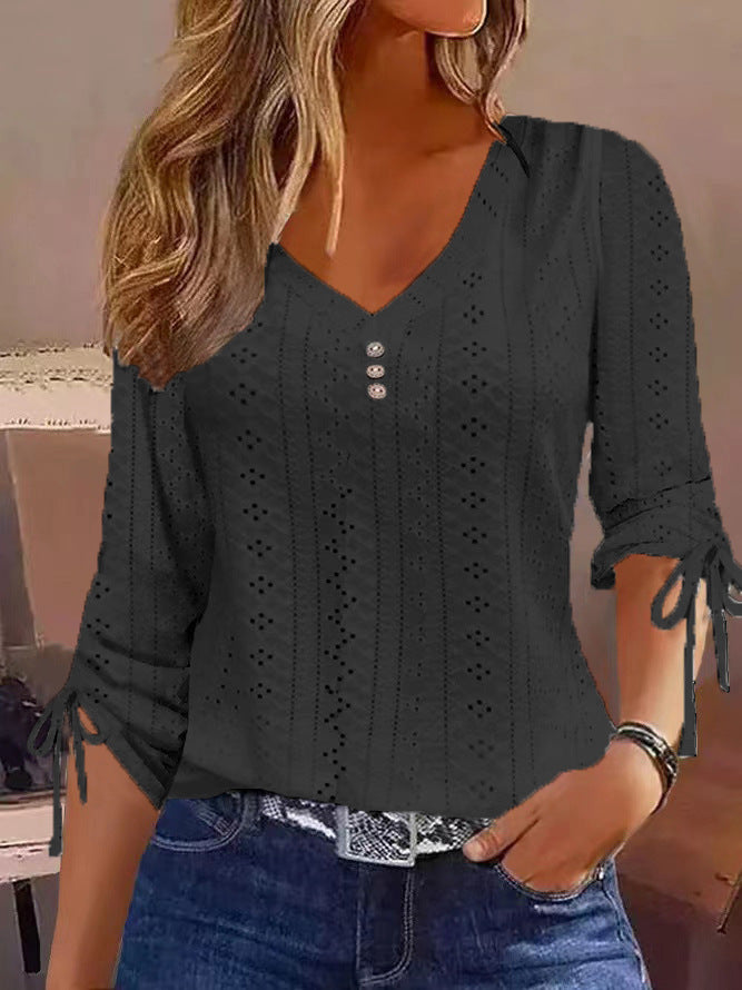 Jacquard V-Neck Top with Button Detail and Tie-Up Sleeves
