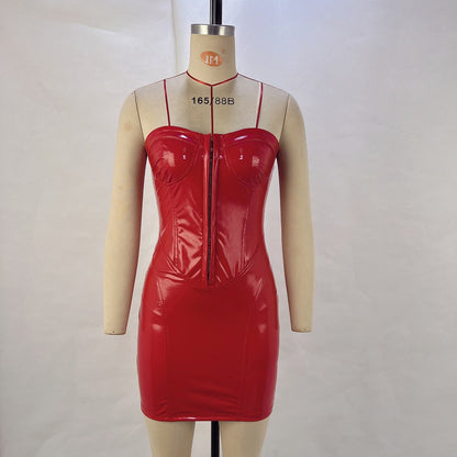 Strapless PU Leather Bodycon Mini Dress with Corset Detail
