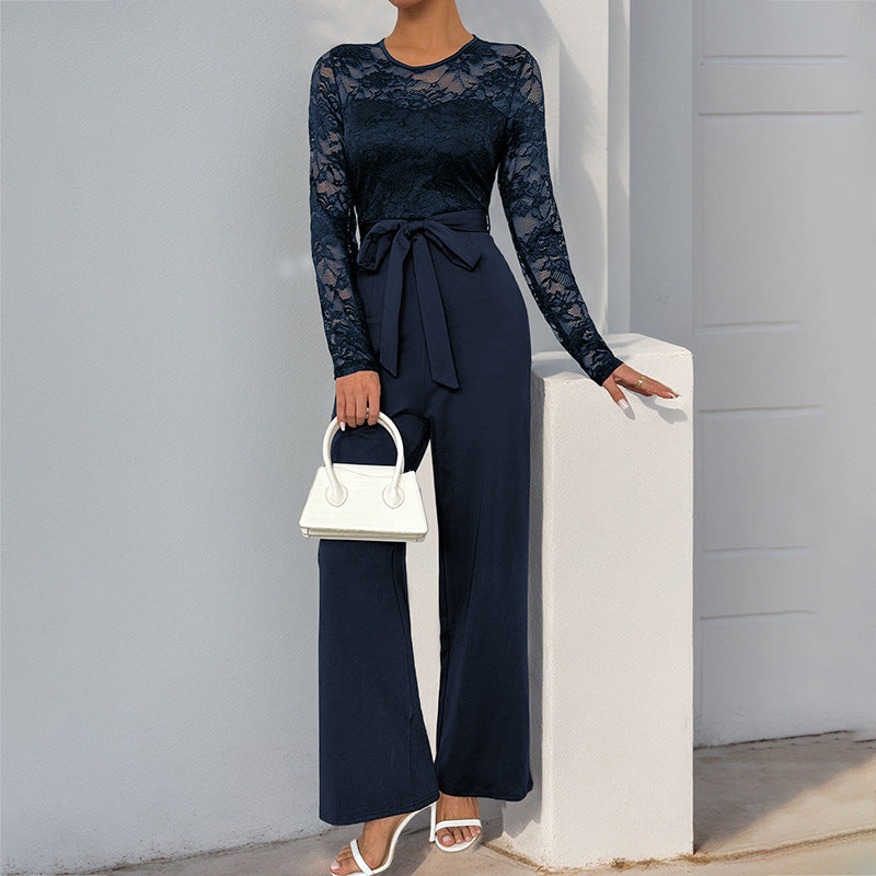 Lace Long Sleeve Jumpsuit with Tie Waist