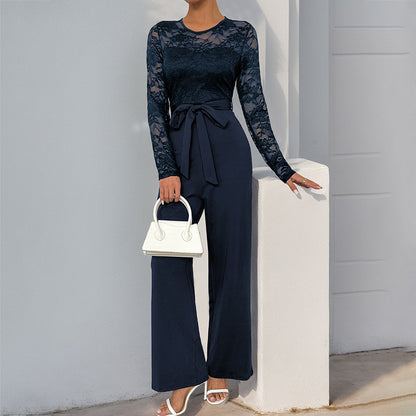 Lace Long Sleeve Jumpsuit with Tie Waist