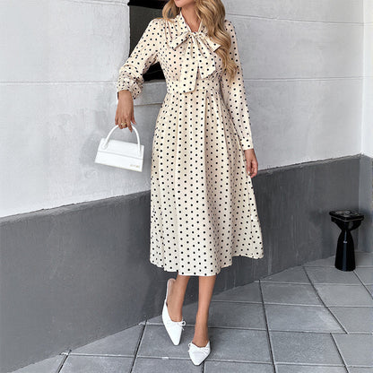 Polka Dot Midi Dress with Bow Tie Collar