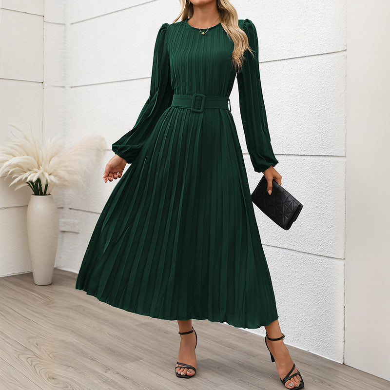 Solid Pleated Midi Dress with Lantern Sleeves and Belted Waist