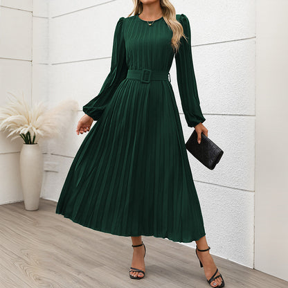 Solid Pleated Midi Dress with Lantern Sleeves and Belt