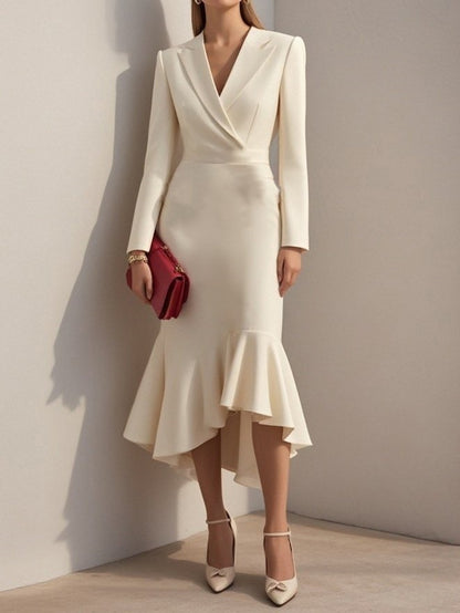 Wrap Midi Dress with Lapel Collar and Fishtail Hem