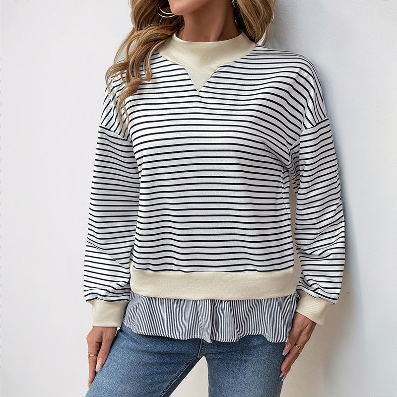 Striped Faux Layered Sweatshirt with Mock Neck