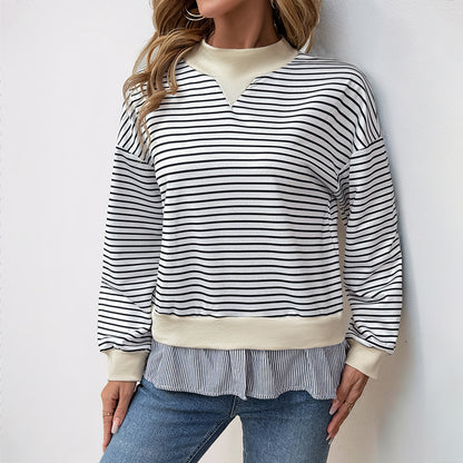 Striped Faux Layered Sweatshirt with Mock Neck