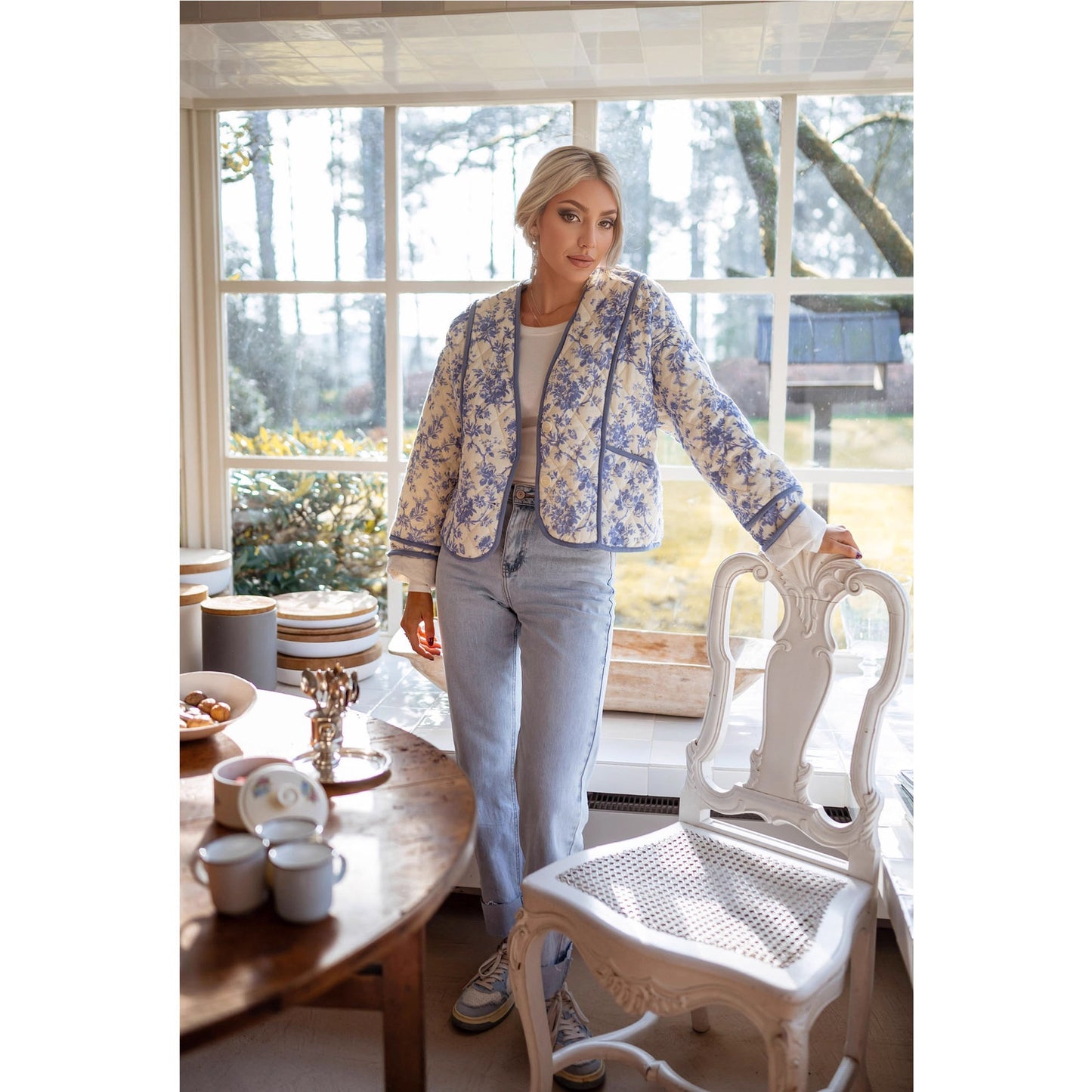 Blue Floral Quilted Jacket with Collarless V-Neck