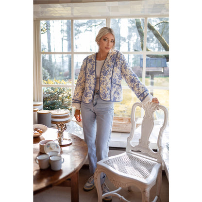Blue Floral Quilted Jacket with Collarless V-Neck
