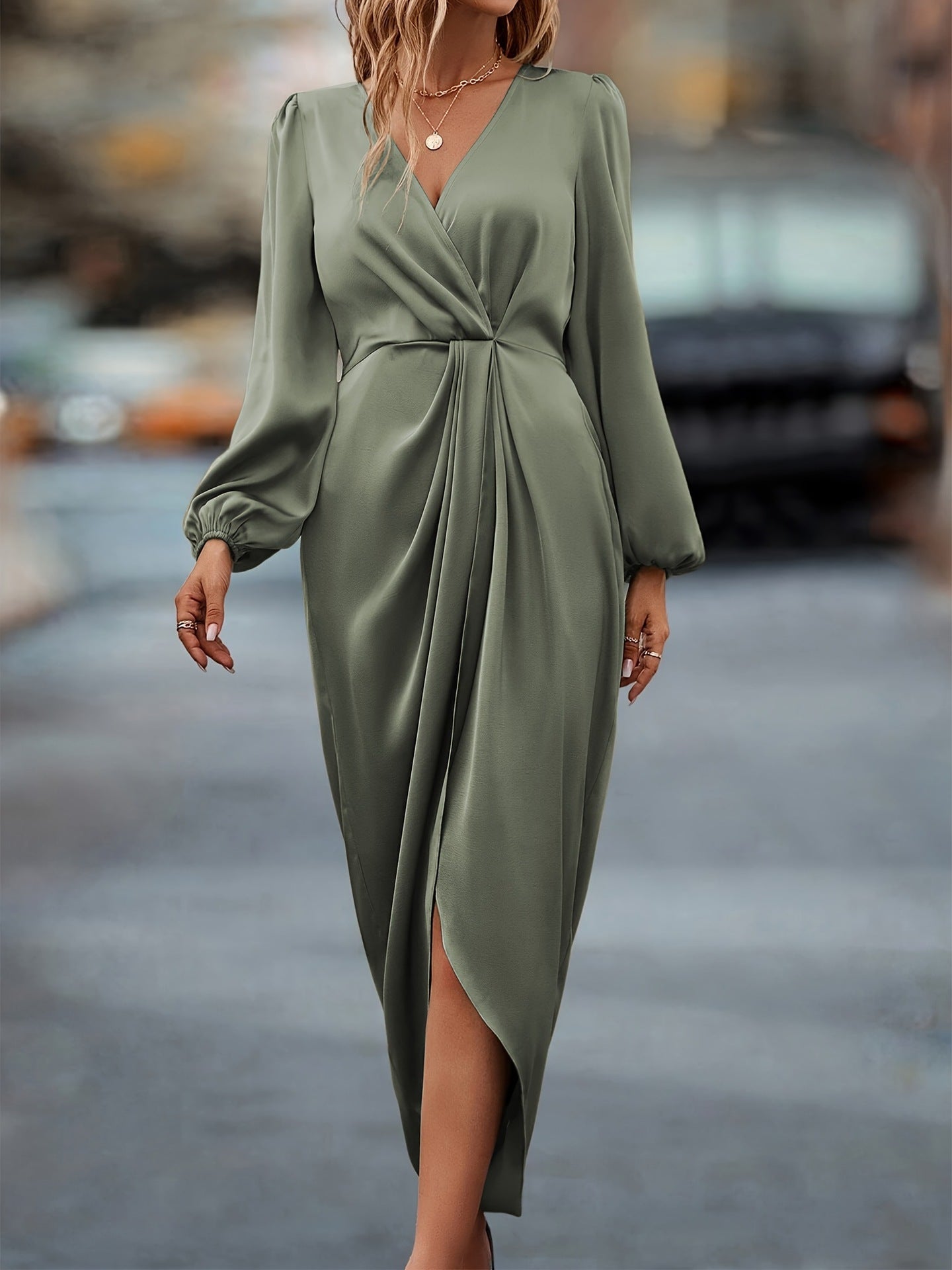 Polyester Draped Midi Dress with Crossover V-Neck and Long Puff Sleeves