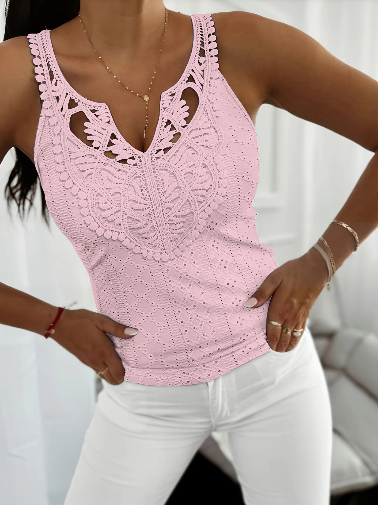 Slim Solid Vest with Openwork Lace V-Neck and Eyelet Detail