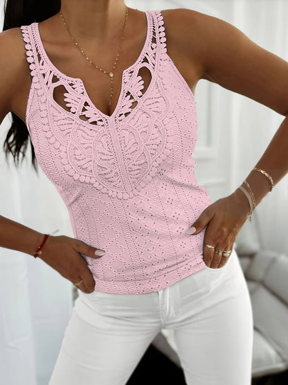 Slim Solid Vest with Openwork Lace V-Neck and Eyelet Detail