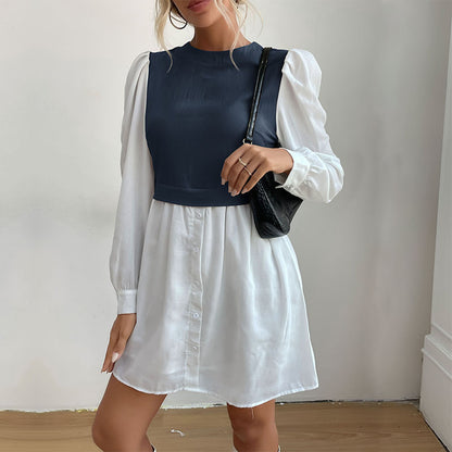 Color Block Layered Look Dress with Puff Sleeves