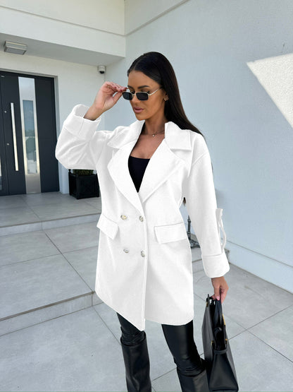 Mid-Length Double-Breasted Coat with Notched Lapel