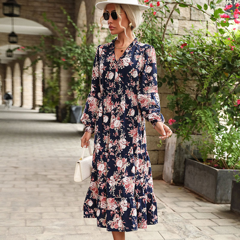 Floral Print Tiered Midi Dress with Ruffled V-Neck