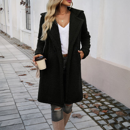 Long Loose Fit Teddy Coat with Hooded Lapel