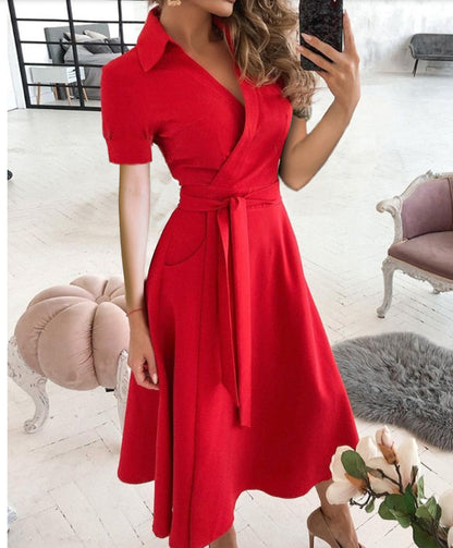 Solid Wrap Midi Dress with Collared V-Neck and Tie-Waist
