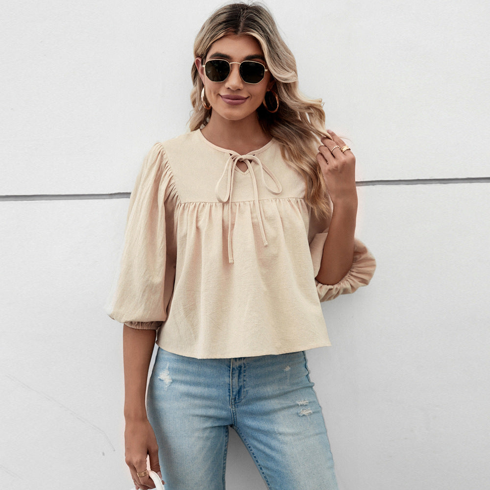 Loose-Fit Cotton Blouse with Puff Sleeves and Bow Tie Neck