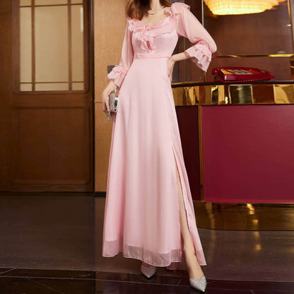A-Line Maxi Dress with Ruffled Bodice, Sheer Sleeves, and Slit
