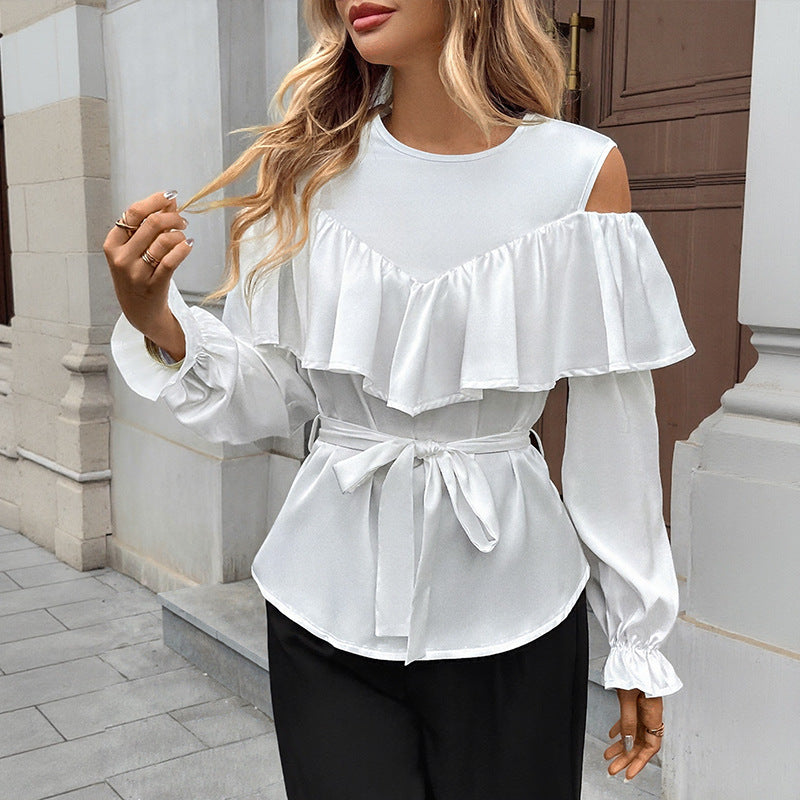 Cold Shoulder Blouse with Ruffle Overlay and Tie Waist
