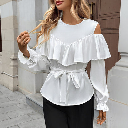 Cold Shoulder Blouse with Ruffle Overlay and Tie Waist