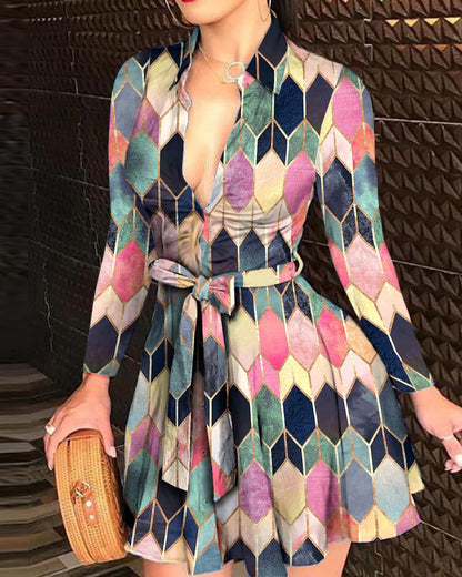 Printed A-Line Mini Dress with V-Neck and Tie-Waist