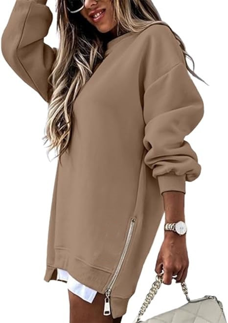 Oversized Sweatshirt Tunic with Side Zippers and Faux Layered Hem