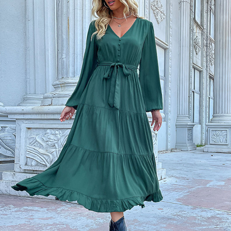 Solid Color Tiered Midi Dress with V-Neck and Tie Waist