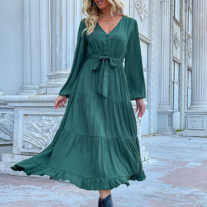 Solid Color Tiered Midi Dress with V-Neck and Tie Waist