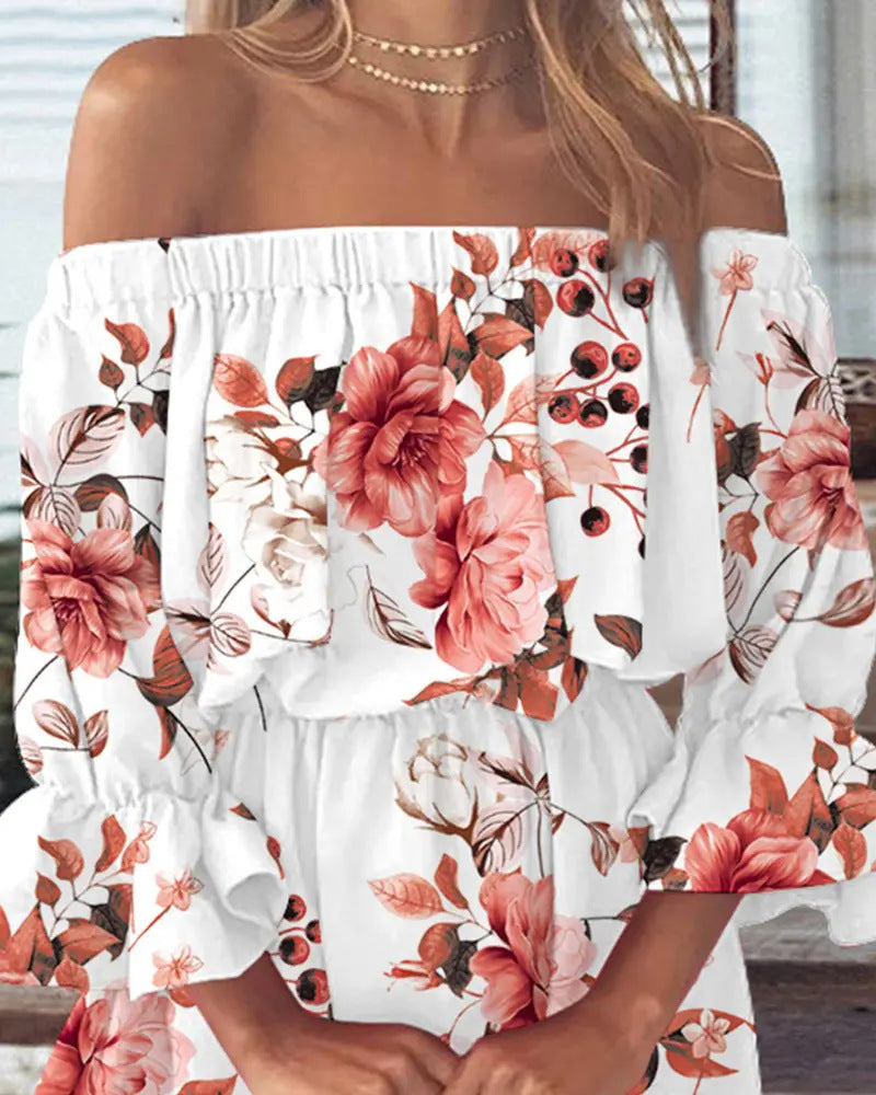 Printed Off-Shoulder Mini Dress with Elasticated Waist