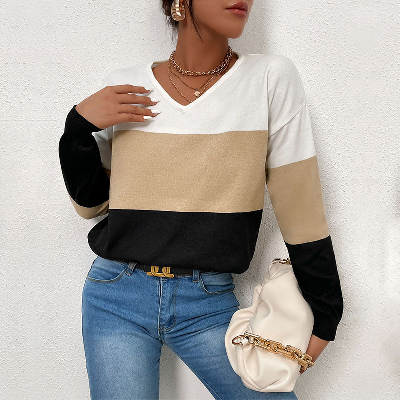 Color-Blocked V-Neck Knit Pullover with Long Sleeves