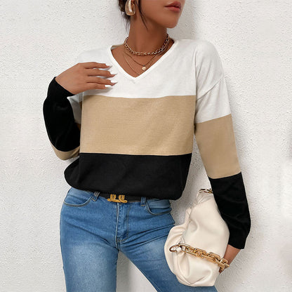Color-Blocked V-Neck Knit Pullover with Long Sleeves