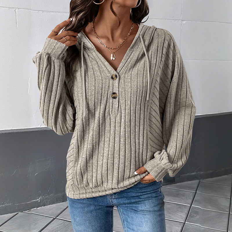 Ribbed Knit Hoodie with Henley Neck and Lantern Sleeves