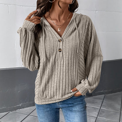 Ribbed Knit Hoodie with Henley Neck and Lantern Sleeves