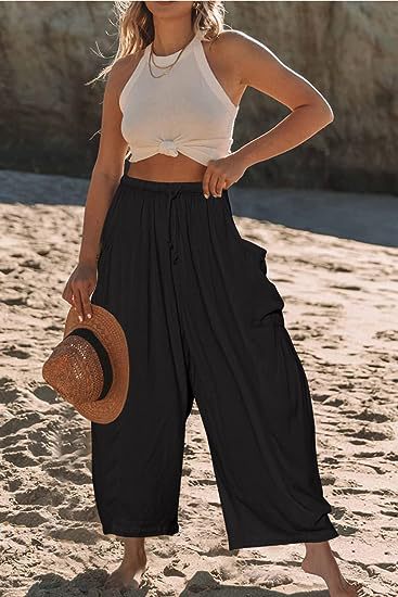 Wide-Leg Pleated Pants with Drawstring Waist and Patch Pockets
