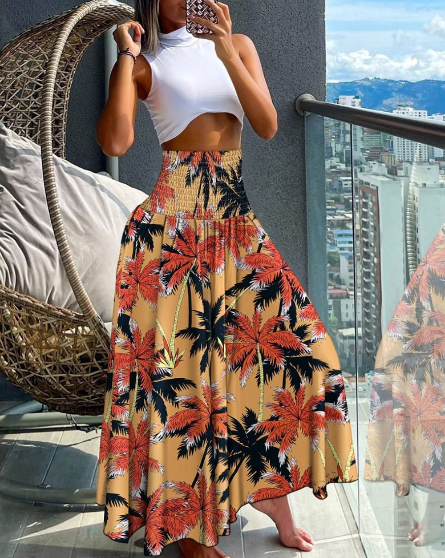 High-Waist Shirred Maxi Skirt with Print