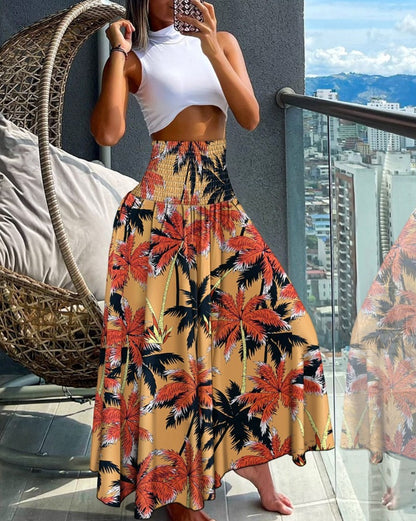 High-Waist Shirred Maxi Skirt with Print