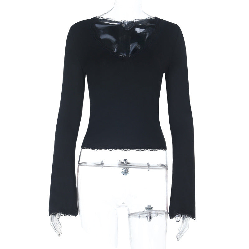 Slim Fit V-Neck Top with Lace Trim and Bell Sleeves