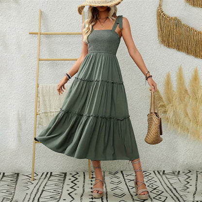 Solid Tiered Maxi Dress with Smocked Bodice and Tie-Shoulder Straps