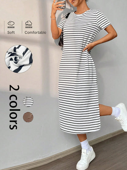 Striped Short-Sleeve T-Shirt Dress with Side Slit
