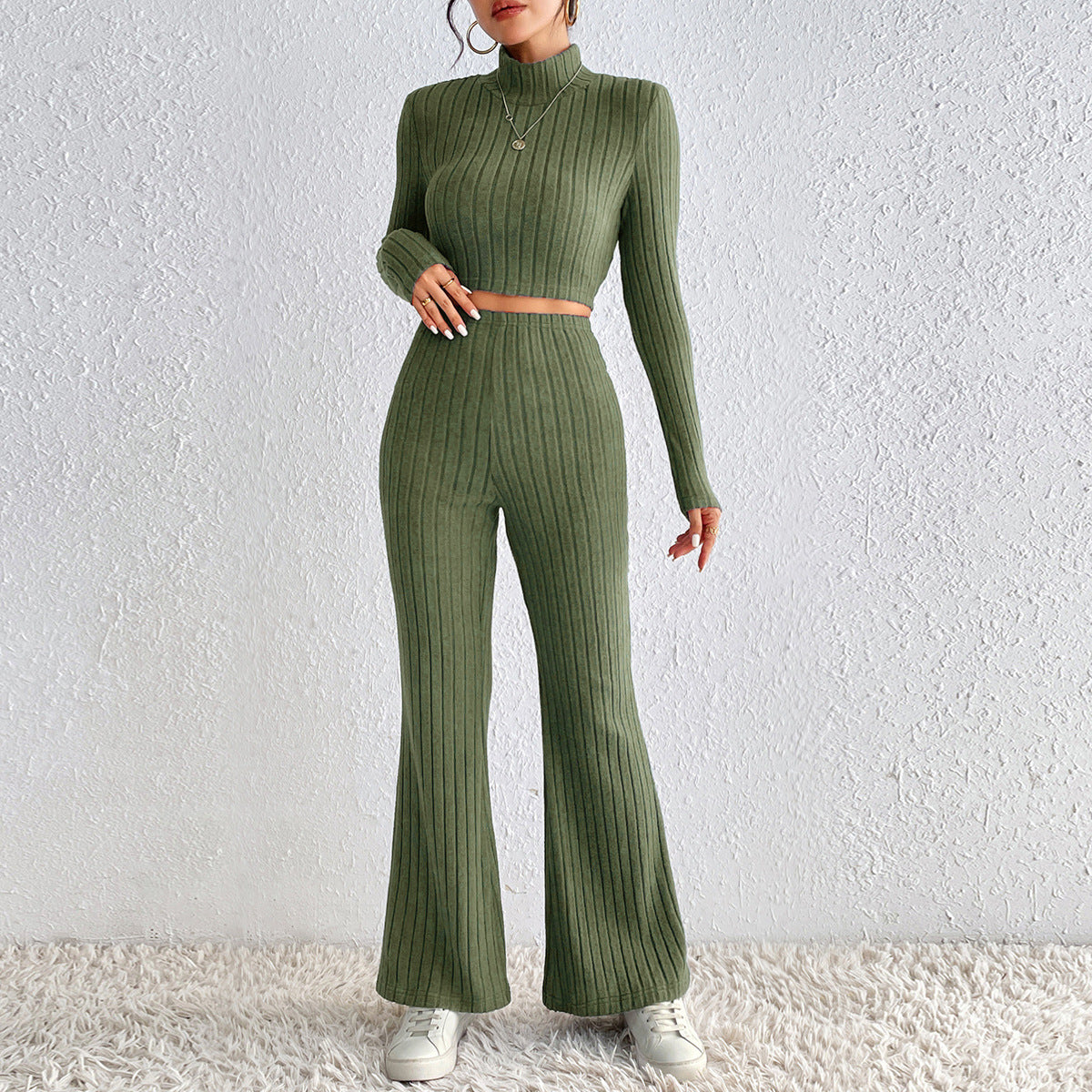 Ribbed Knit Two-Piece Set with Turtleneck and Wide-Leg Pants