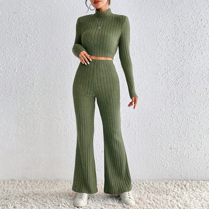 Ribbed Knit Two-Piece Set with Turtleneck and Wide-Leg Pants